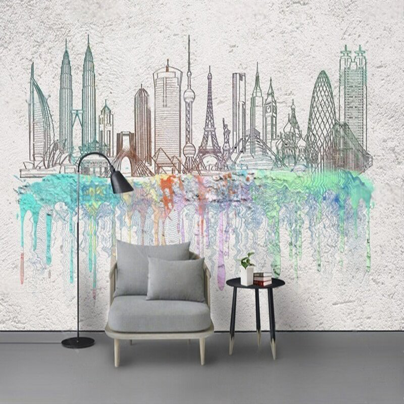 Commercial Wallpaper Printing - Silhouettes de ville aquarelle modernes, décoration